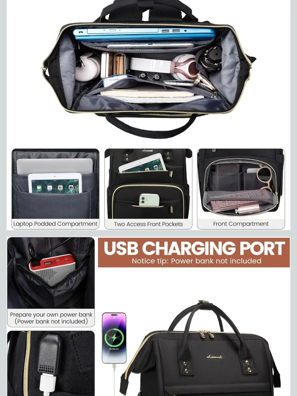 Lovevook Black Laptop Backpack Tote - Women's Laptop Bag